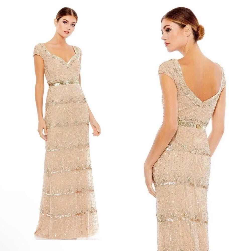 Mac Duggal Beaded Sheath Gold Sequin Evening Gown Maxi Dress Sz 14 NWT. $598